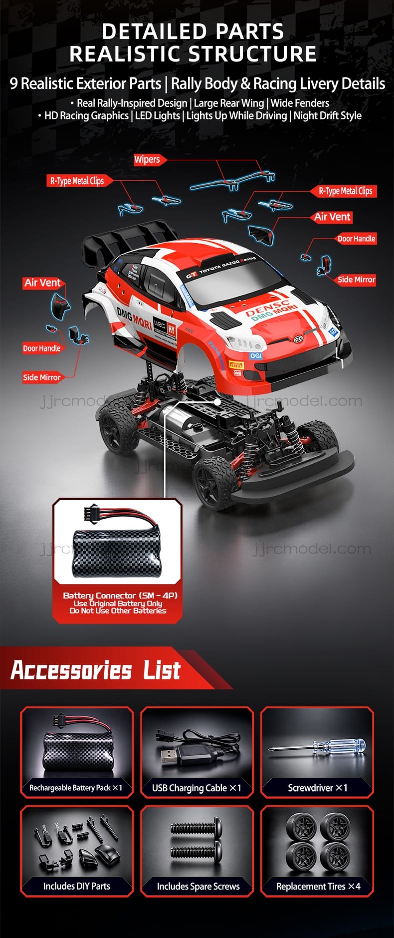 JJRC C8846 1/14 Scale 4WD RC Rally Car / Full Proportional with Gyro/LED Lights/ 3 Speed Modes